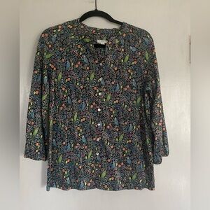 J Jill Button-Front Popover Floral & Bird Print Blouse in Navy